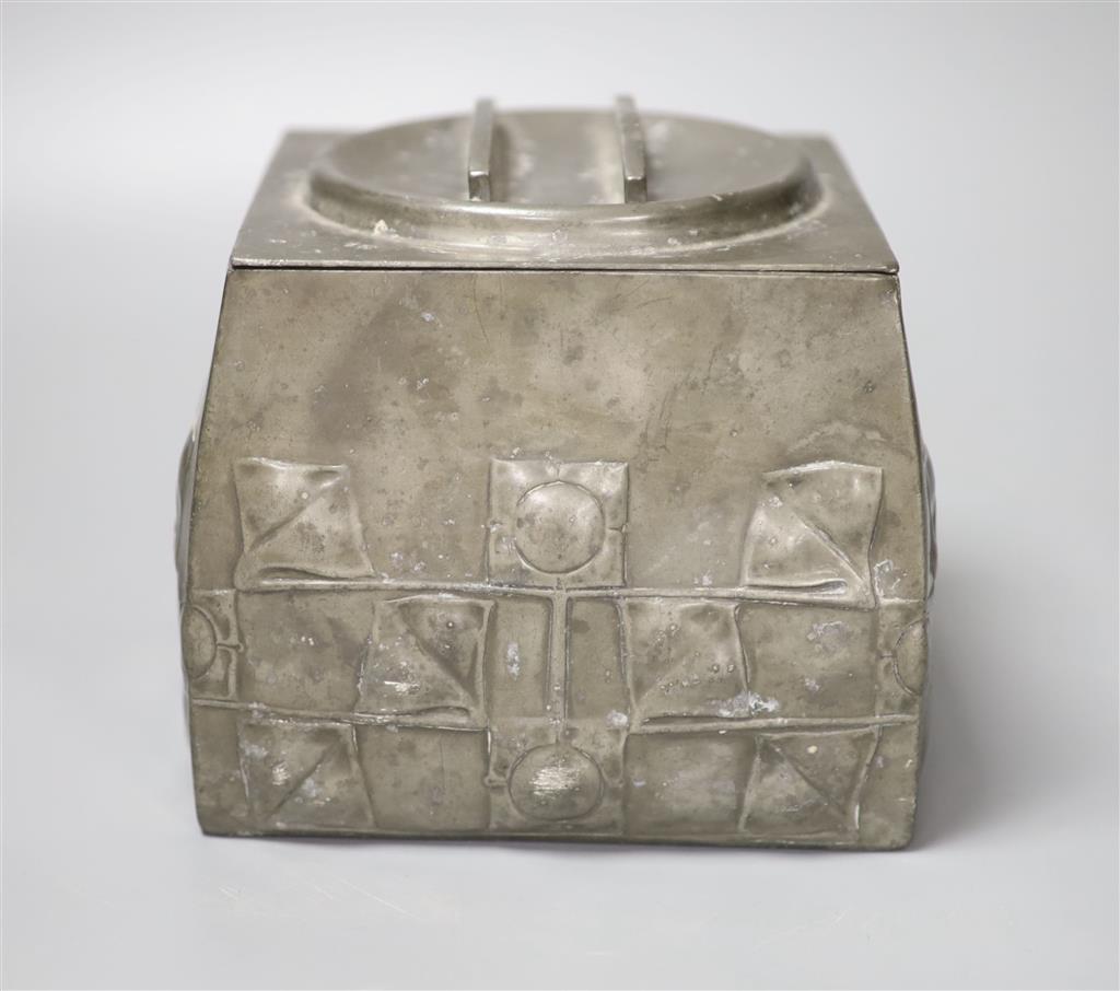 A Liberty Tudric biscuit tin, 16.5cm wide, 16.5cm high including cover